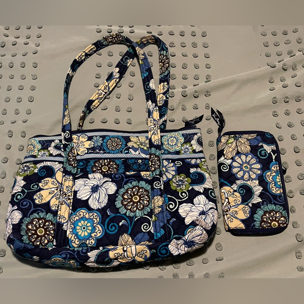 💙 Vera Bradley Mod Floral Blue Set | Quilted Purse Tote + Matching Wallet